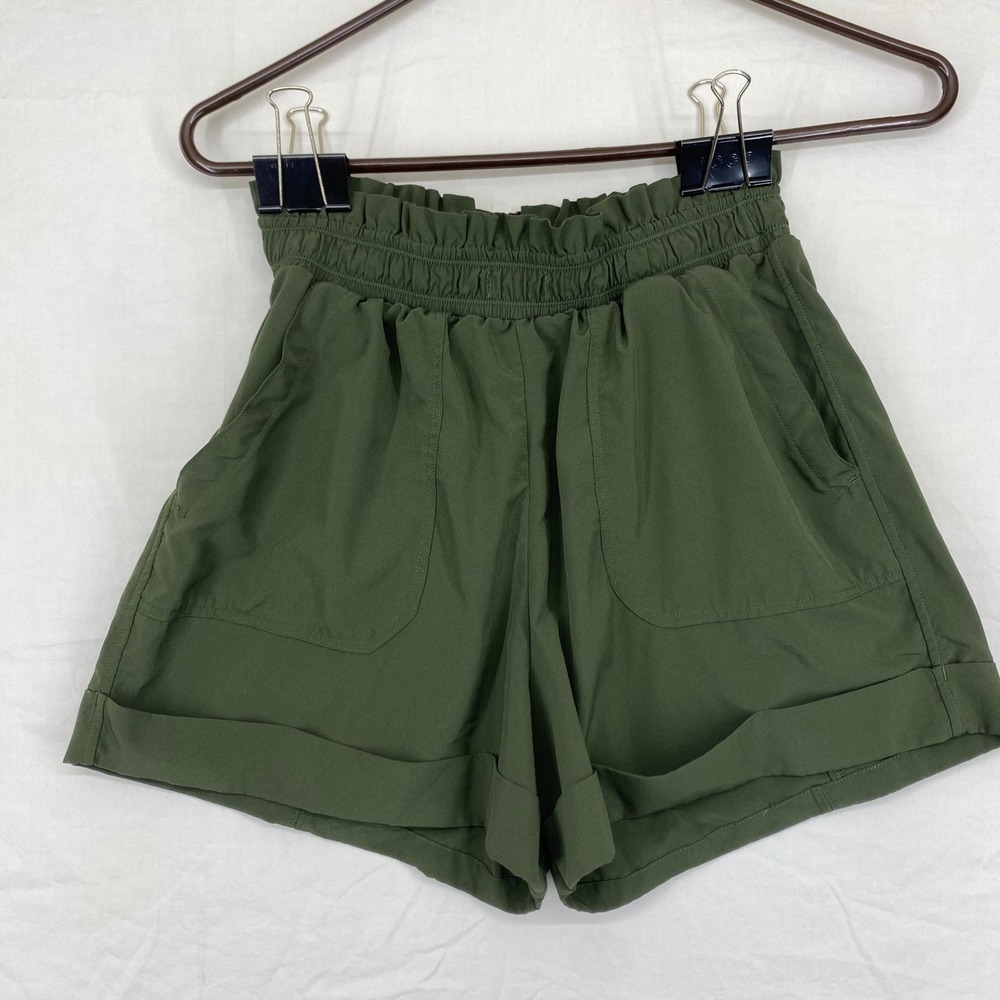 Zella Womens  Olive Green Paperbag Waist High Rise Active Shorts Cuffed Pockets